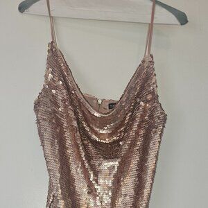 Boohoo Night Rose Gold Sequin Dress | Cowl Neck